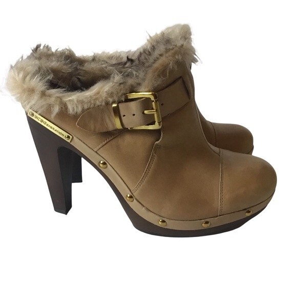 BCBGeneration Tan Fur Lined Studded Leather Mules/Clogs 7.5 B BNWOT - Picture 3 of 14